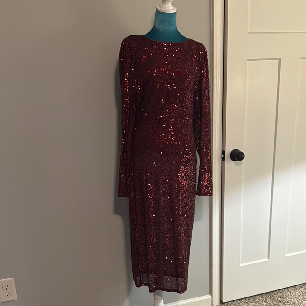 bebe Sparkling Long Sleeve Dress - Deep Red